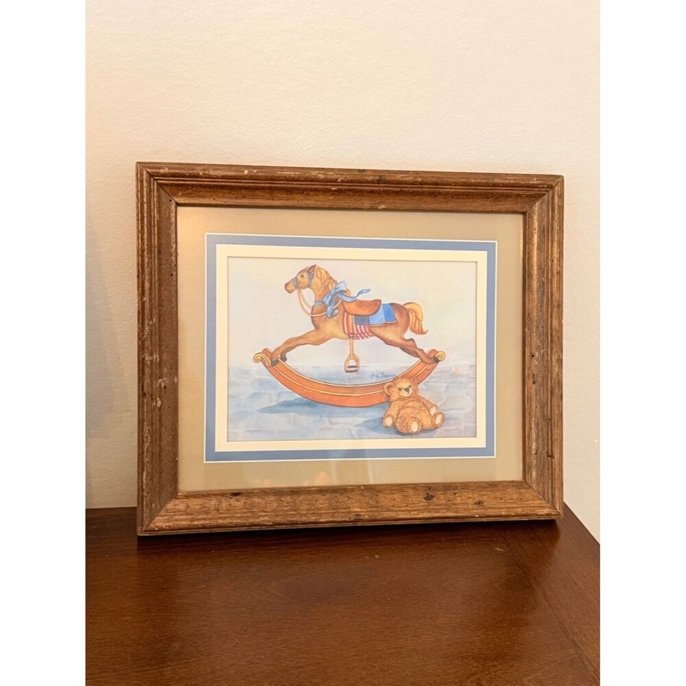 Vintage Americana Rocking Horse & Teddy Bear Framed Print Wall Art